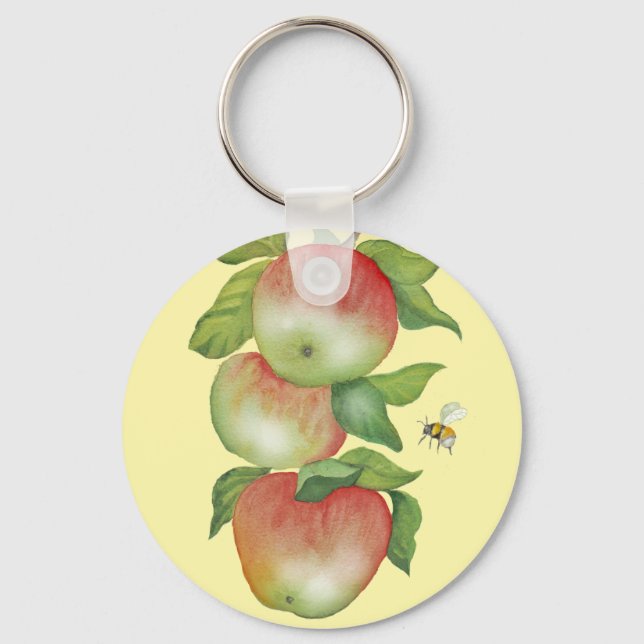 Llavero Armonía dulce: manzanas acuarelas y una abeja (Anverso)