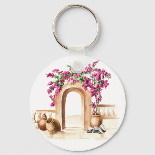 Llavero arquitectura mediterránea, flores, acuarela, h