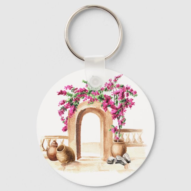 Llavero arquitectura mediterránea, flores, acuarela, h (Anverso)