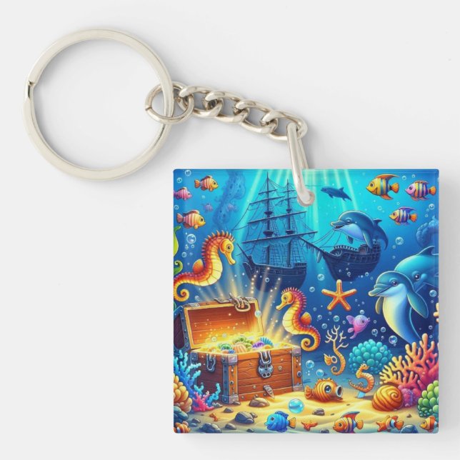 Llavero Arrecife de coral subacuática, cofre marino y cofr (Frente)