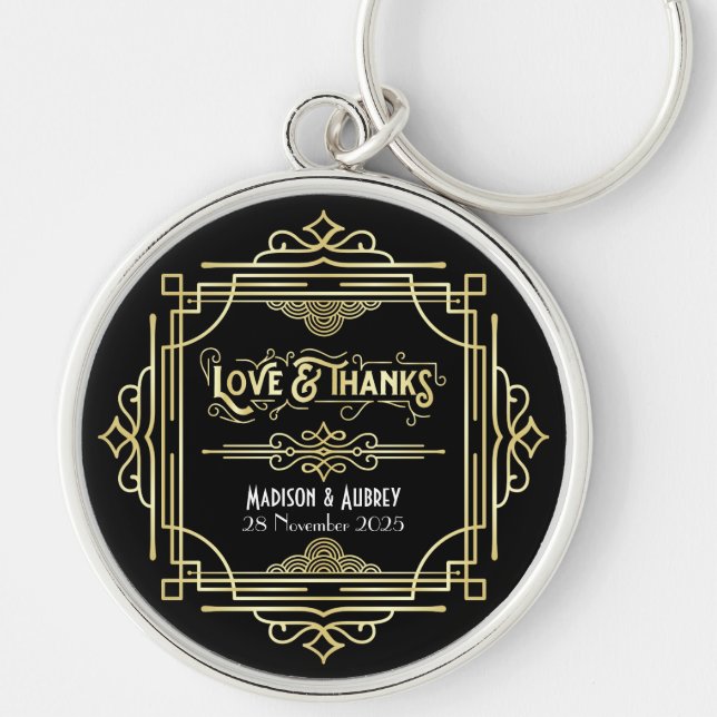 Llavero Art Deco Boda Amor y Gracias Favor Negro Oro (Frente)