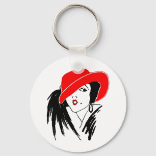 Llavero Art Deco Hermosa Mujer Gorra Rojo