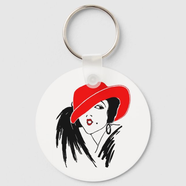 Llavero Art Deco Hermosa Mujer Gorra Rojo (Anverso)