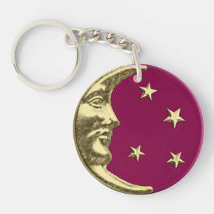 Llavero Art Deco Luna y Estrellas - Borgoña y Oro