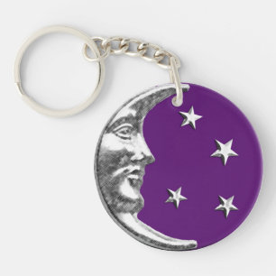 Llavero Art Deco Luna y Estrellas - Púrpura Amatista y Pla