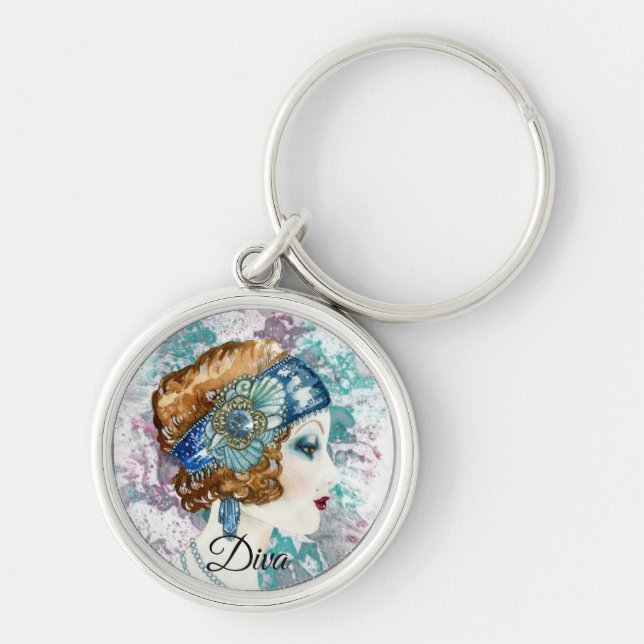 Llavero Art Deco Twenties Fashion Diva Watercolor Art (Frente)