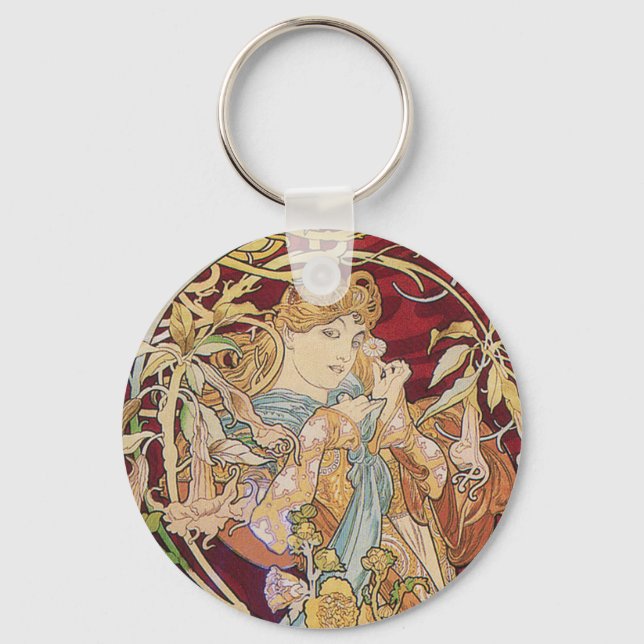Llavero Art Nouveau de Mucha: Mujer con Daisy (Anverso)