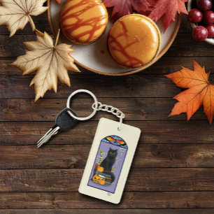 Llavero Art Nouveau Gato Negro Calabaza Púrpura Otoño Amar