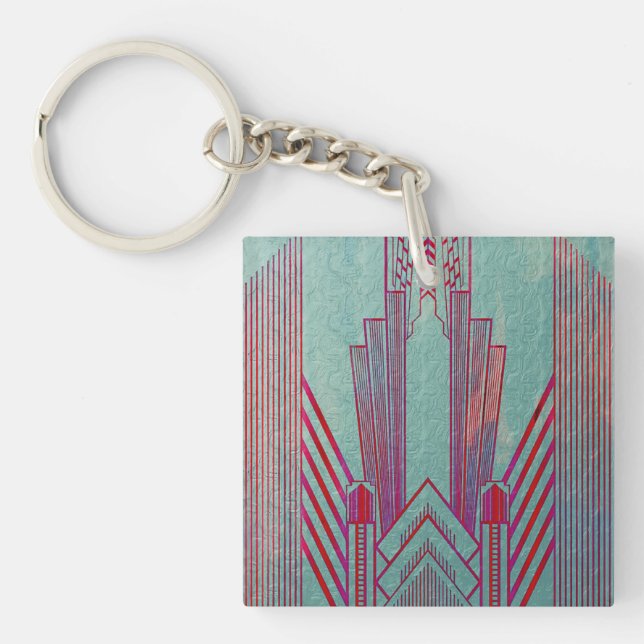 Llavero Art Nouveau, rojo, verde azulado, verde, vintage,  (Frente)