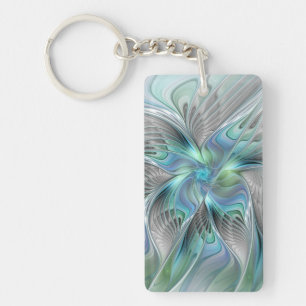 Llavero Arte abstracto de mariposa de fantasía fractal azu