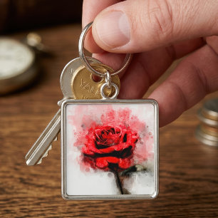 Llavero Arte de Acuarela de Rosa Roja sobre Fondo Blanco