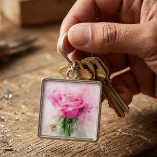 Llavero Arte de acuarela de rosa rosa sobre fondo blanco