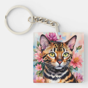 Llavero Arte de acuarela floral de gato bengalí