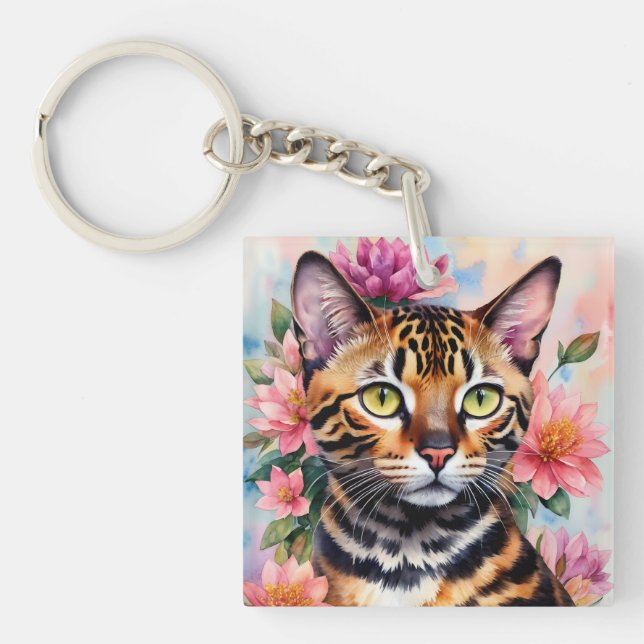 Llavero Arte de acuarela floral de gato bengalí (Frente)