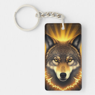 Llavero Arte de Cara de Lobo Dorado que Emana Energía Bril