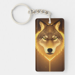 Llavero Arte de Cara de Lobo Dorado que Emana Energía Bril