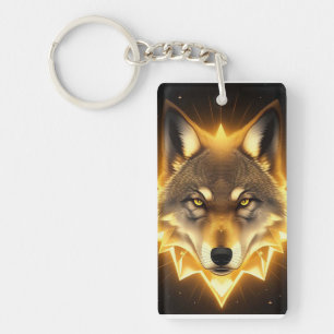 Llavero Arte de Cara de Lobo Dorado que Emana Energía Bril