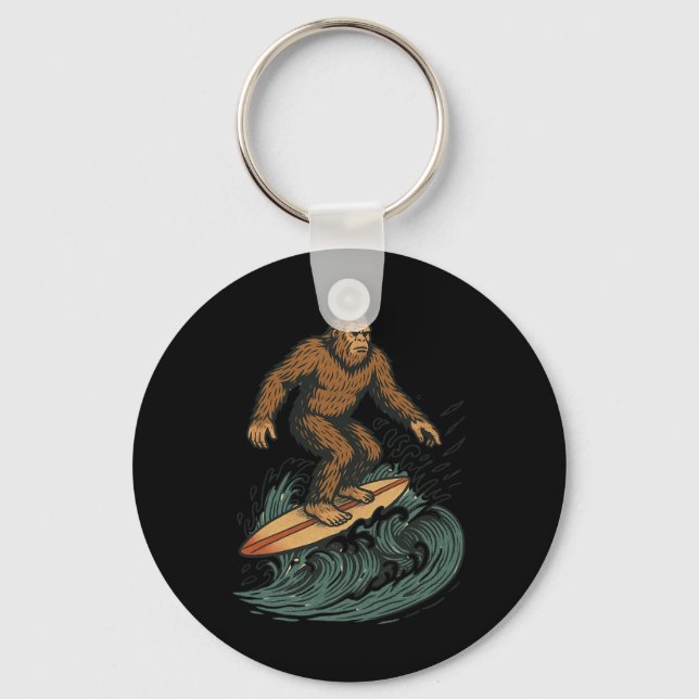 Llavero Arte de Criptido de Playa Retro de Bigfoot Surfing (Anverso)