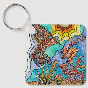 Llavero Arte de fantasía reflejo pez dorado colibrí