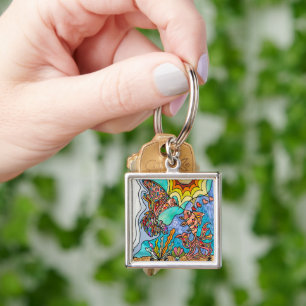 Llavero Arte de fantasía reflejo pez dorado colibrí