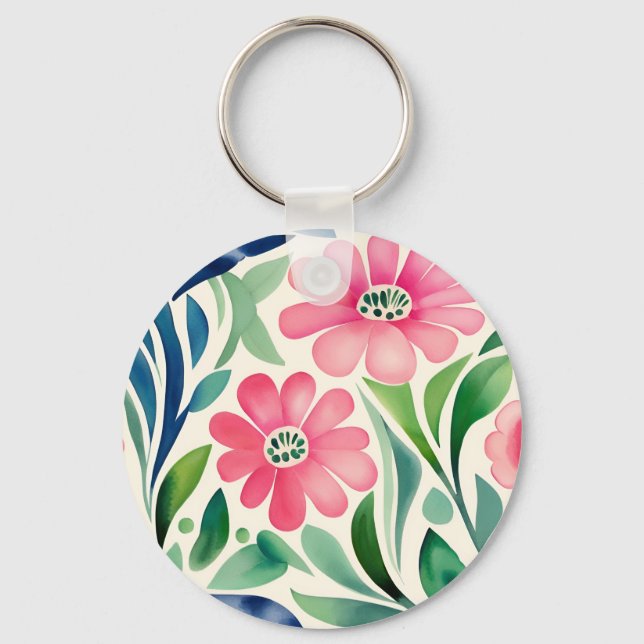 Llavero Arte de flores de acuarela rosadas (Anverso)