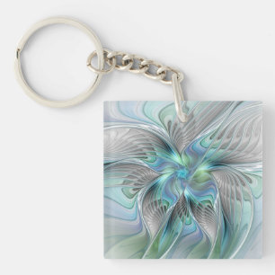 Llavero Arte de fractal de fantasía de mariposa azul verde