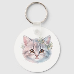 Llavero Arte de gato con acuarela floral Personalizado c