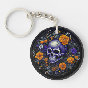 Llavero Arte de IA de cráneo personalizado y flores naranj
