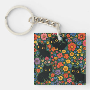 Llavero Arte de jardín Kawaii Patrón floral de gato negr