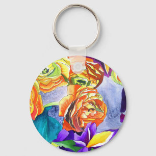 Llavero Arte de la acuarela de Ranunculus e Iris