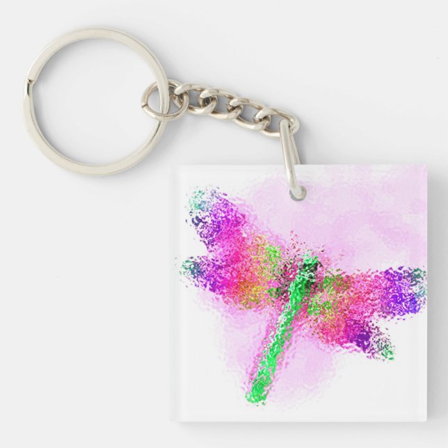 Llavero Arte de la libélula de vidrio manchado (rosa) (Frente)
