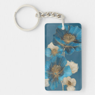 Llavero Arte de Línea Dorada Floral Botánica Amapola Azul
