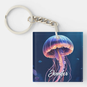 Llavero Arte de medusas, nombre en letra cursiva blanca