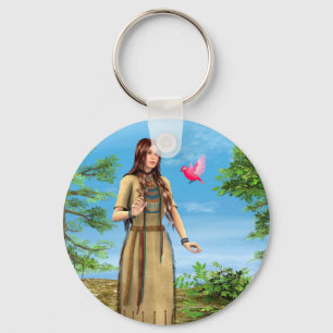 Llavero Arte de mujer nativa americana bosque pájaro