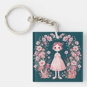 Llavero Arte de niña floral fantástico y caprichoso