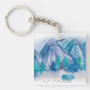 Llavero Arte de paisaje montañoso invernal con acuarela az