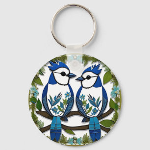Llavero Arte de papel de pájaros arrendajos azules