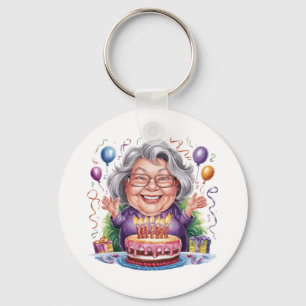 Llavero Arte de pastel de cumpleaños de anciana emocionada
