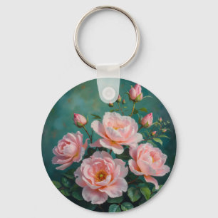 Llavero Arte de peonías rosadas sobre verde esmeralda