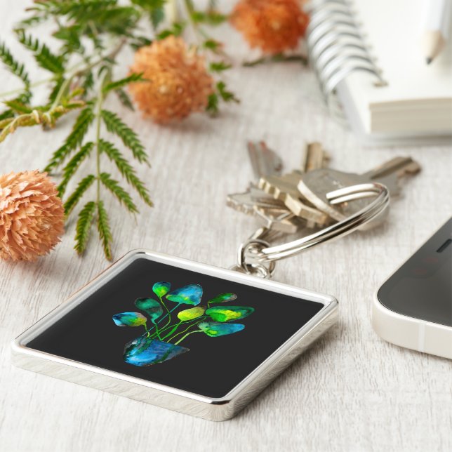 Llavero Arte de planta acuarela abstracto verde y azul (Lado)