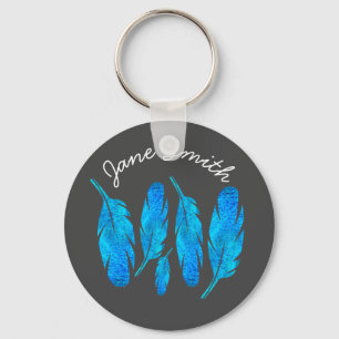 Llavero Arte de plumas de color azul boho acuático