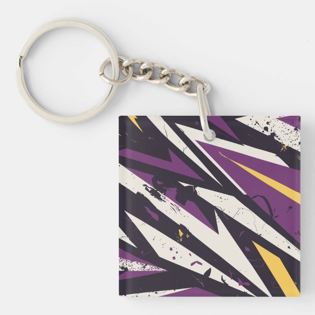 Llavero Arte de resumen geométrico dinámico púrpura y amar (Frente)
