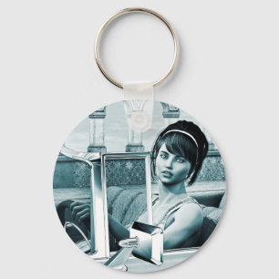 Llavero Arte de retrato de mujer glamour azul vintage