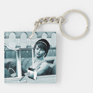 Llavero Arte de retrato de mujer glamour azul vintage