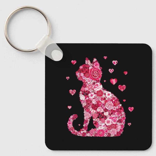 Llavero Arte de silueta de gato floral (Anverso)