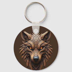 Llavero Arte de tallado de lobo de madera con patrones geo