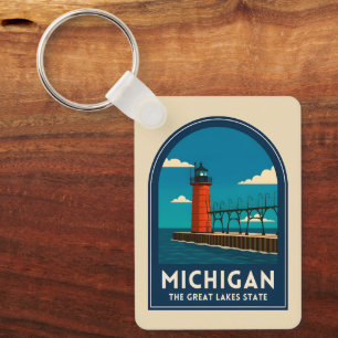 Llavero Arte de viaje vintage de Michigan Faro Escénico Re