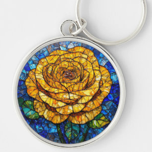 Llavero Arte de vidrio teñido circular de rosa amarilla vi