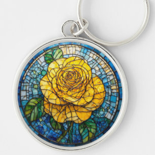 Llavero Arte de vidrio teñido circular de rosa amarilla vi