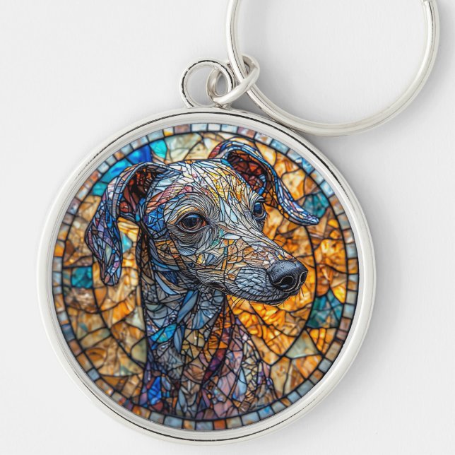 Llavero Arte de vidrio teñido de perro de Greyhound (Frente)